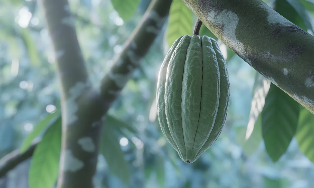 A cacao pod ripening on the tree