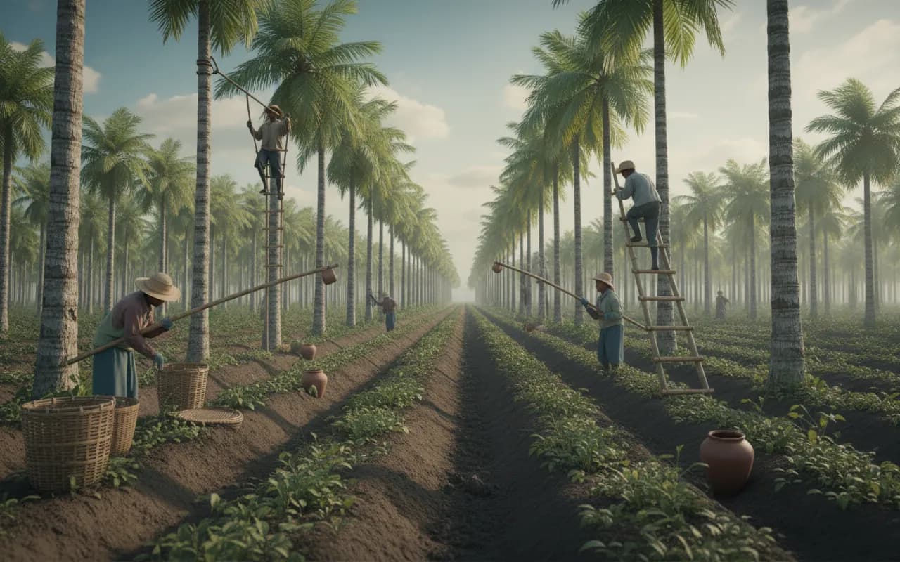 Coconut farmers harvesting in a palm plantation