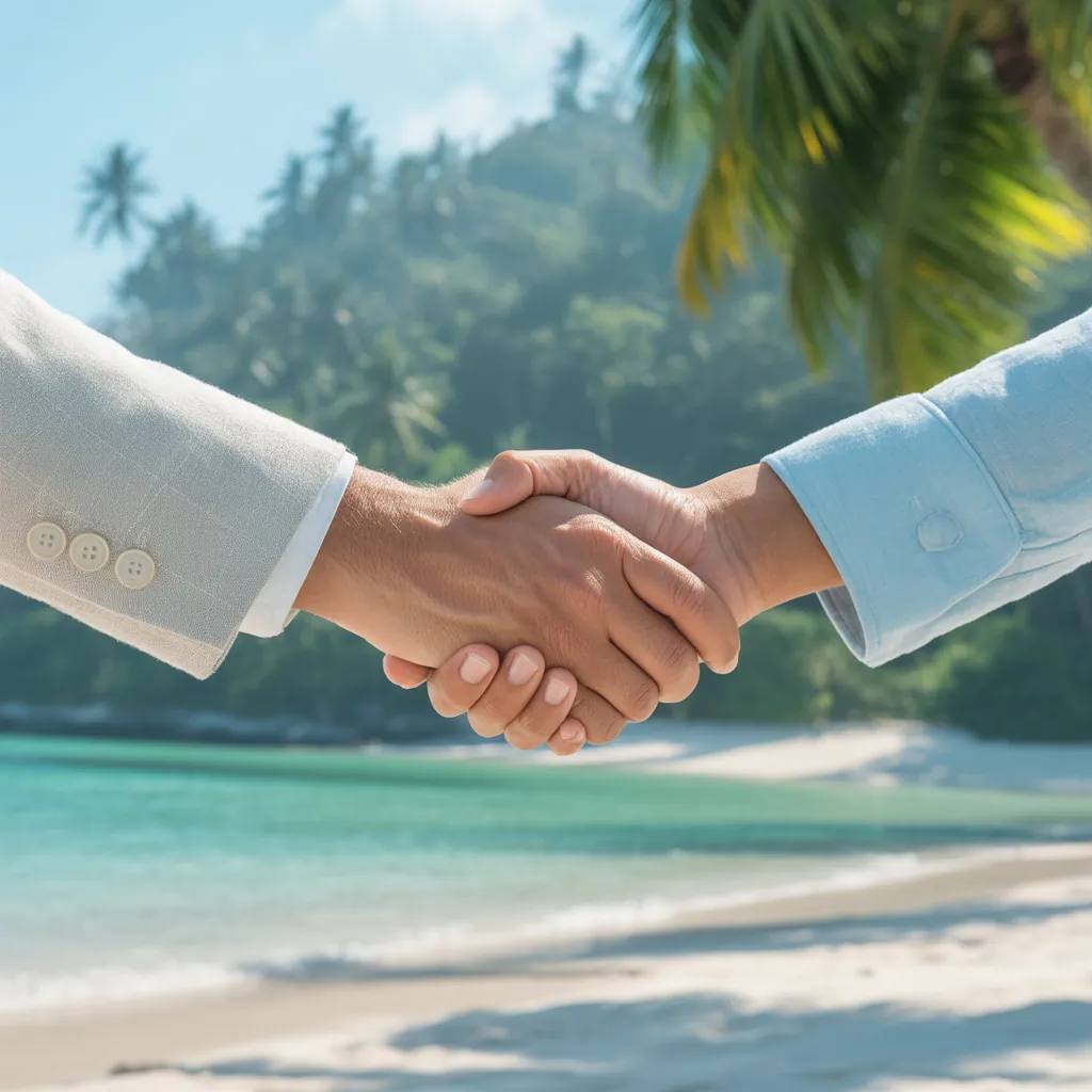 Two business partners shaking hands on a tropical beach
