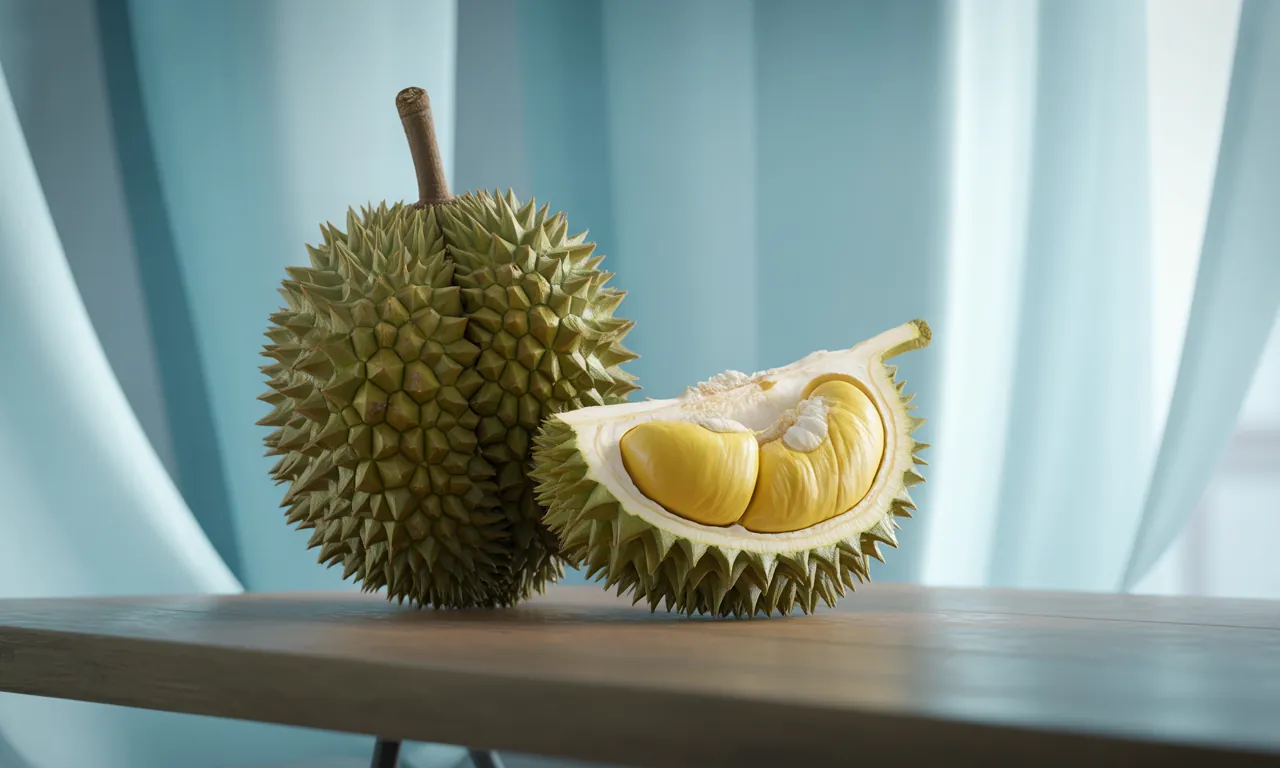 A whole and a halved durian on a table